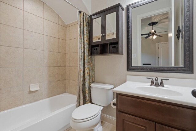 full bathroom with toilet, ceiling fan, vanity, and shower / bathtub combination with curtain