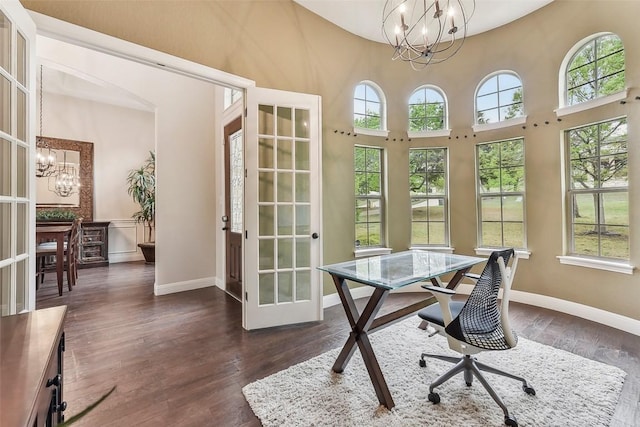 1104 Lions Lair, Leander, TX 78641 - office with a chandelier, french doors, dark wood-style flooring, and a high ceiling
