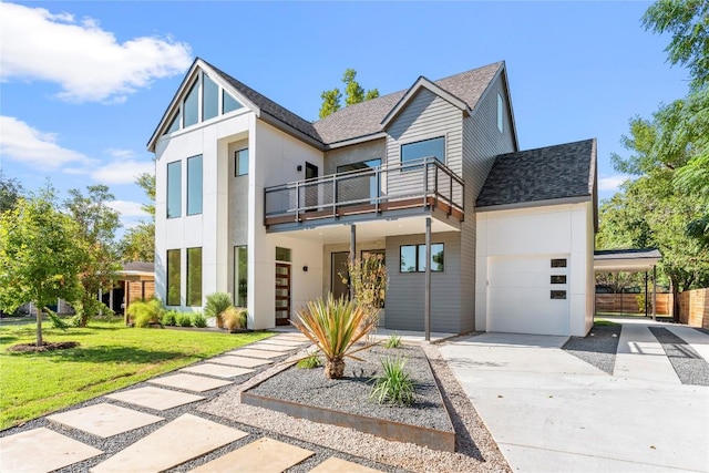 modern home with a balcony, a shingled roof, concrete driveway, a carport, and a front yard