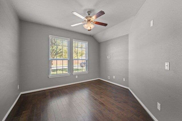 unfurnished room with ceiling fan, lofted ceiling, and hardwood / wood-style floors