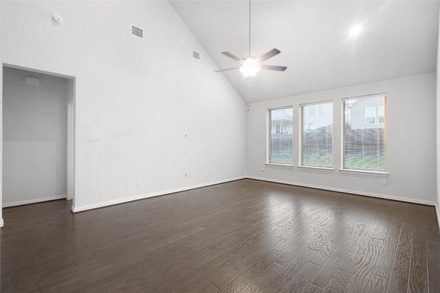 unfurnished room featuring ceiling fan, high vaulted ceiling, and dark hardwood / wood-style flooring