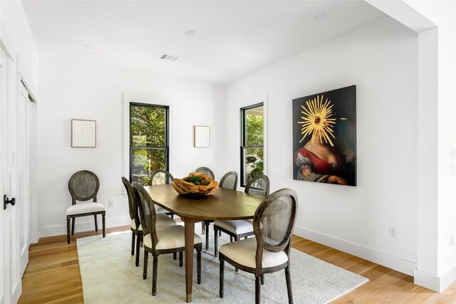 dining space with light hardwood / wood-style floors