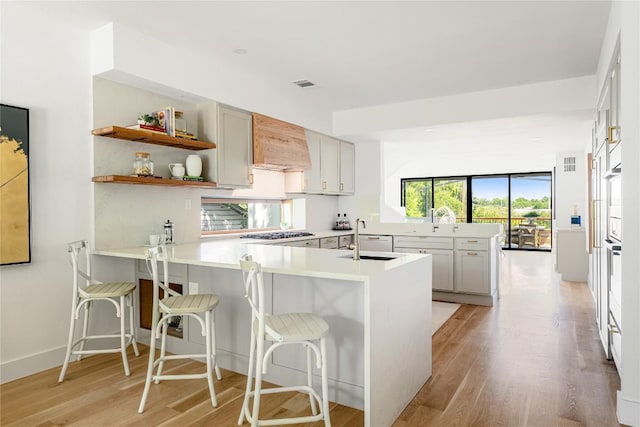 kitchen featuring light wood finished floors, a peninsula, and premium range hood