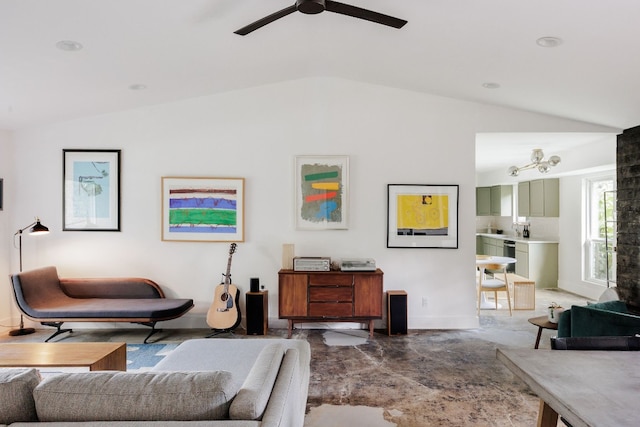 living room featuring lofted ceiling and ceiling fan