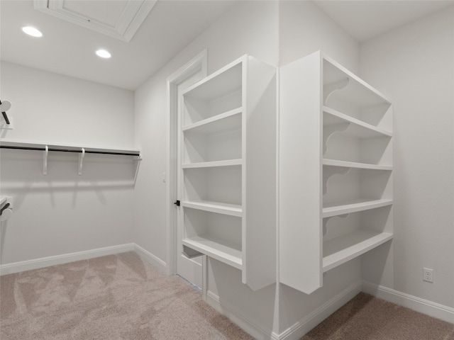 spacious closet featuring light colored carpet