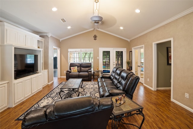 living room featuring wood-type flooring, ornamental molding, and french doors