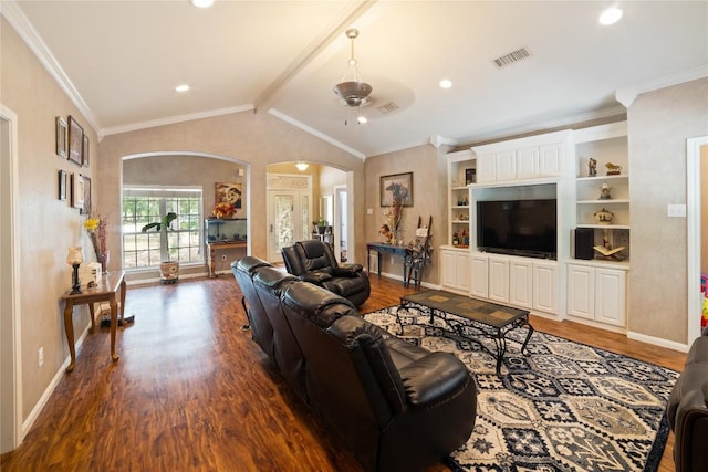 2600 Fm 2095, Cameron, TX 76520 - living room featuring arched walkways, dark wood-style floors, baseboards, recessed lighting, and a ceiling fan