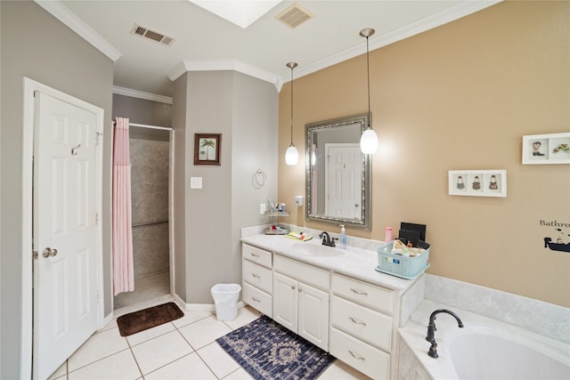 bathroom with tile patterned flooring, separate shower and tub, ornamental molding, and vanity