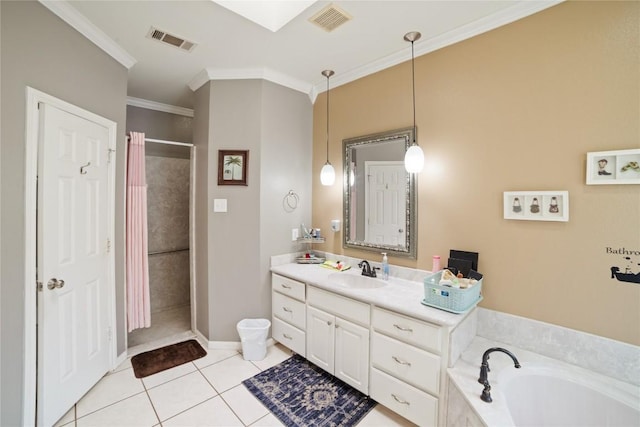 2600 Fm 2095, Cameron, TX 76520 - full bath featuring vanity, a tile shower, a garden tub, ornamental molding, and tile patterned flooring