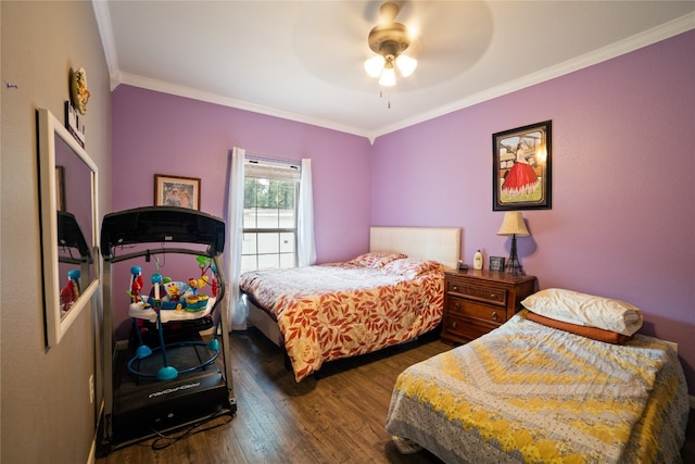 bedroom with ceiling fan, dark wood-type flooring, and crown molding