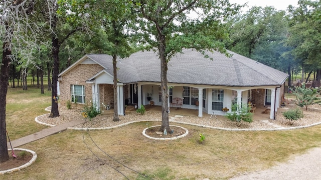 ranch-style home featuring a front yard and covered porch