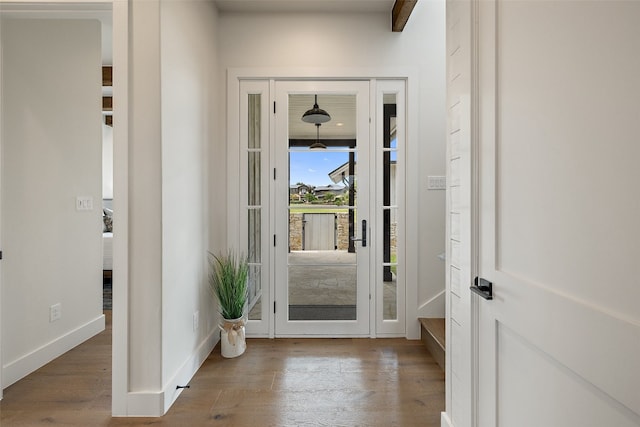 doorway to outside featuring wood-type flooring