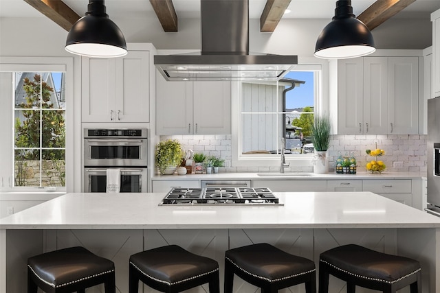 kitchen with exhaust hood, a healthy amount of sunlight, stainless steel appliances, and beam ceiling