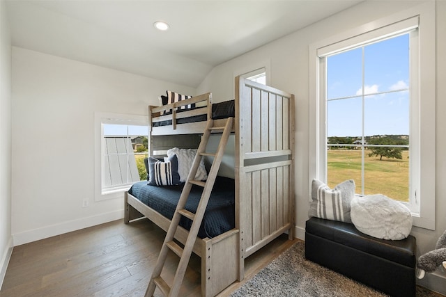 bedroom featuring dark hardwood / wood-style flooring and multiple windows