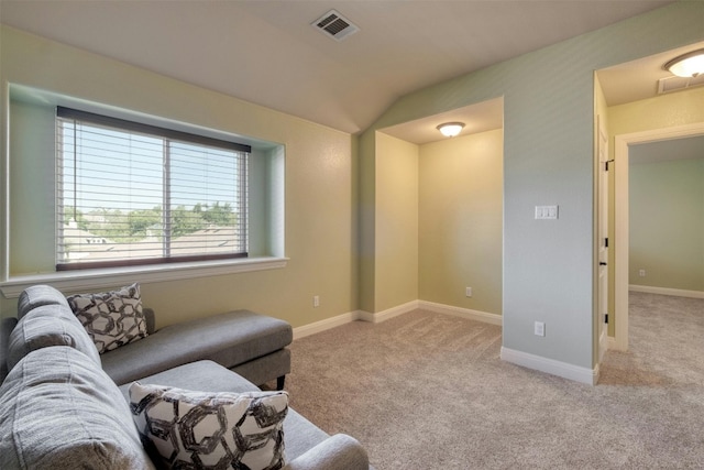 living room with light carpet and lofted ceiling