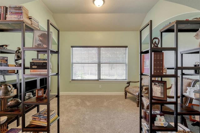 home office with carpet and lofted ceiling