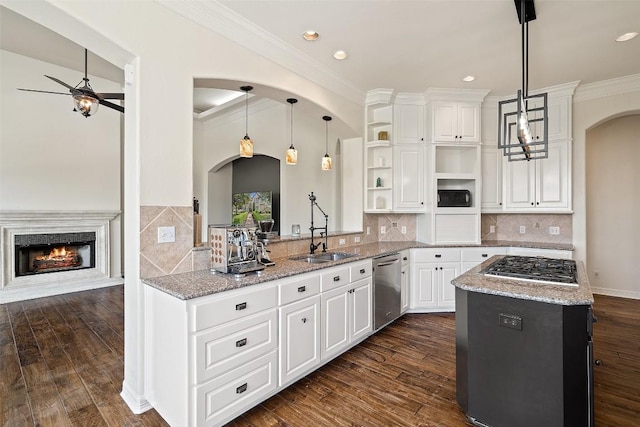 kitchen with open shelves, appliances with stainless steel finishes, dark wood-type flooring, a sink, and a lit fireplace