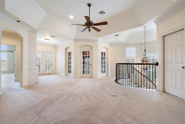 2413 Never Bend Cv, Austin, TX 78746 - unfurnished room with a ceiling fan, ornamental molding, light carpet, plenty of natural light, and recessed lighting