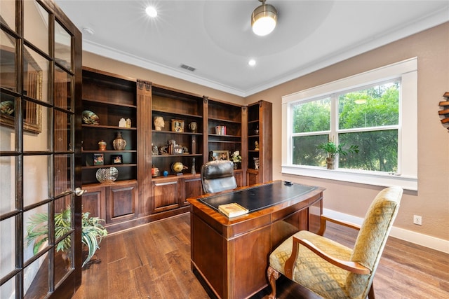 office featuring crown molding and hardwood / wood-style floors