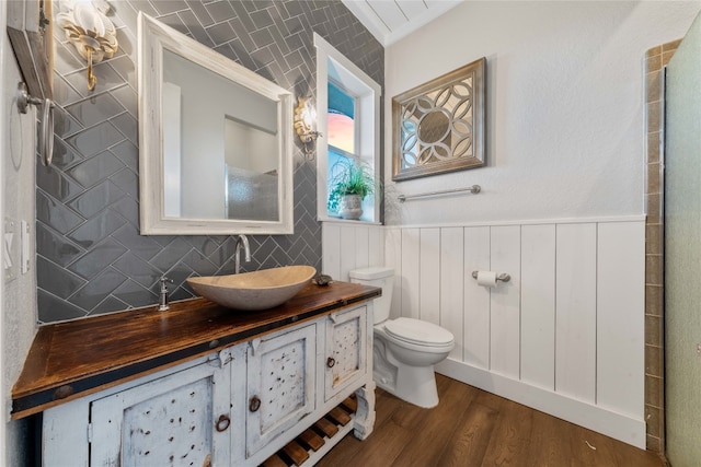 bathroom with toilet, hardwood / wood-style flooring, and vanity