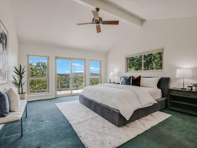 carpeted bedroom featuring beam ceiling, ceiling fan, high vaulted ceiling, and access to exterior