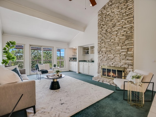 living room with built in shelves, a fireplace, beam ceiling, carpet floors, and ceiling fan