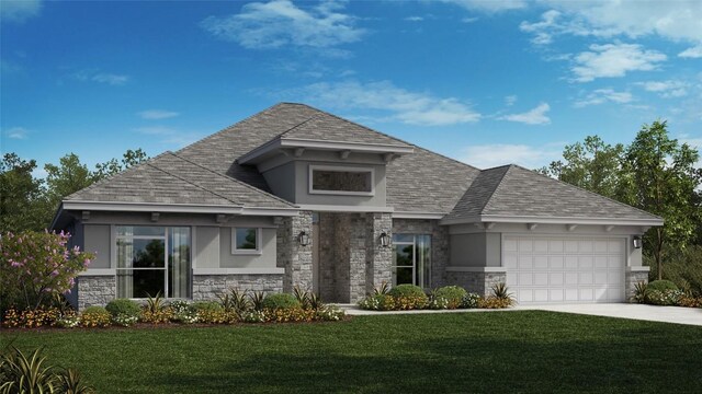 view of front of property featuring a garage, stone siding, a front yard, and stucco siding