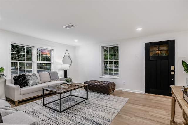 living room featuring light wood-type flooring and crown molding