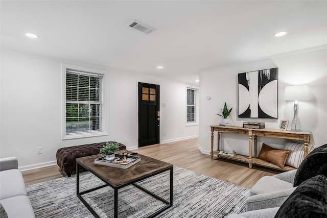 living room with light hardwood / wood-style flooring