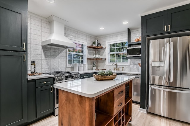 kitchen with tasteful backsplash, custom exhaust hood, stainless steel appliances, light hardwood / wood-style flooring, and a kitchen island