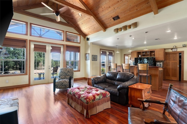 living room with beam ceiling, high vaulted ceiling, dark hardwood / wood-style flooring, ceiling fan, and french doors