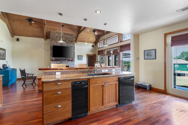 kitchen with pendant lighting, wooden ceiling, dark hardwood / wood-style floors, and a kitchen island with sink