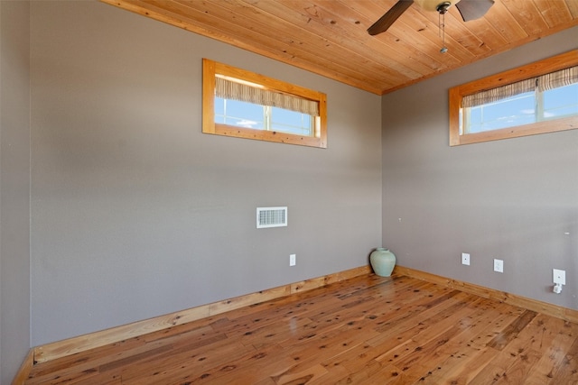 spare room with light wood-type flooring, ceiling fan, and wooden ceiling