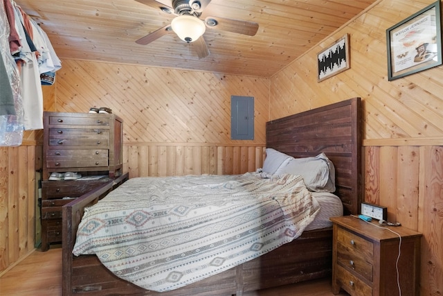 bedroom featuring electric panel, a ceiling fan, wooden ceiling, wood finished floors, and wood walls