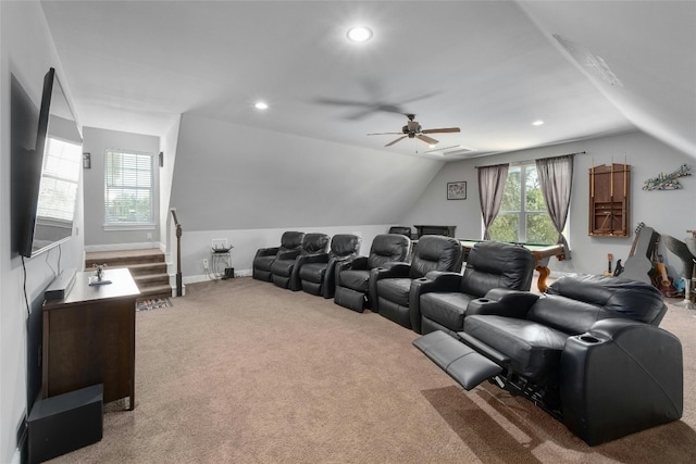 cinema featuring carpet flooring, ceiling fan, and vaulted ceiling