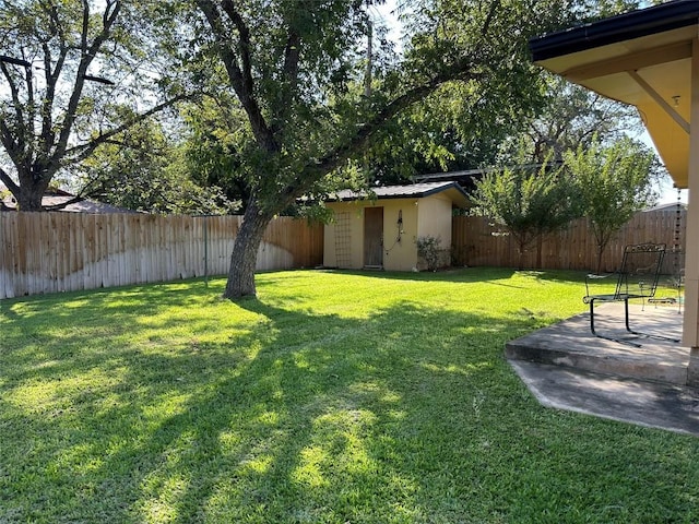 view of yard featuring an outbuilding, a patio, and a fenced backyard