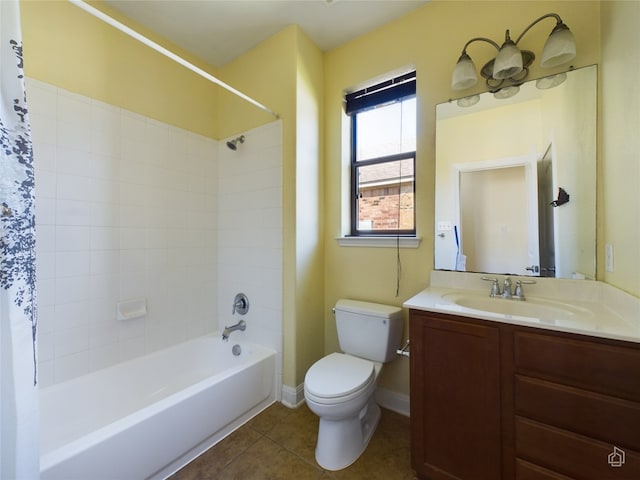 full bathroom with tile patterned floors, shower / tub combo with curtain, vanity, and toilet