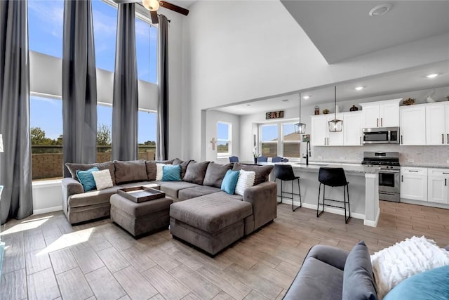 121 Woods Edge Ln, Georgetown, TX 78628 - living room with a high ceiling, recessed lighting, and light wood finished floors