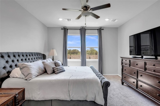 121 Woods Edge Ln, Georgetown, TX 78628 - bedroom featuring light colored carpet, a ceiling fan, and recessed lighting