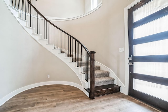 foyer with a high ceiling and hardwood / wood-style flooring