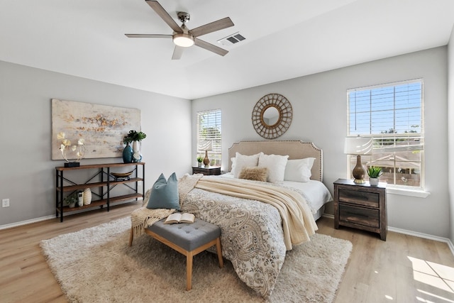 bedroom featuring ceiling fan and light wood-type flooring