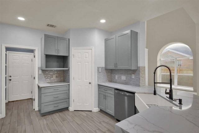 kitchen featuring a sink, visible vents, gray cabinets, and stainless steel dishwasher