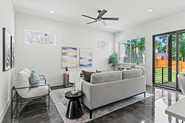 living room featuring ceiling fan