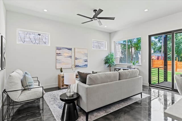 living room with ceiling fan