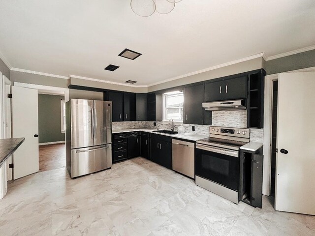 kitchen featuring stainless steel appliances, light hardwood / wood-style flooring, sink, crown molding, and extractor fan