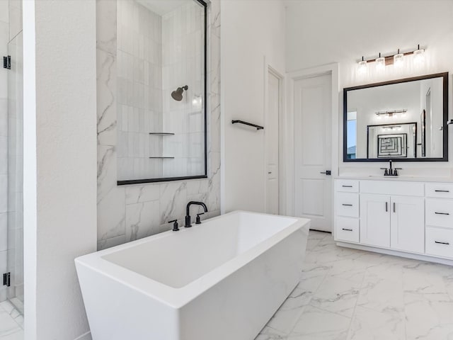 bathroom with vanity, separate shower and tub, and tile walls