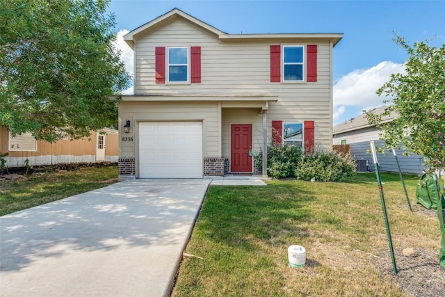 8236 Brucks Dr, San Antonio, TX 78244 - traditional home with an attached garage, a front lawn, driveway, and brick siding