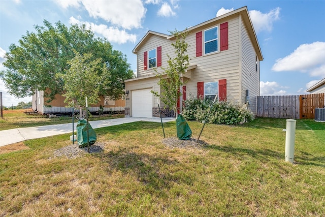 view of front of property with a garage, a front lawn, and central AC unit