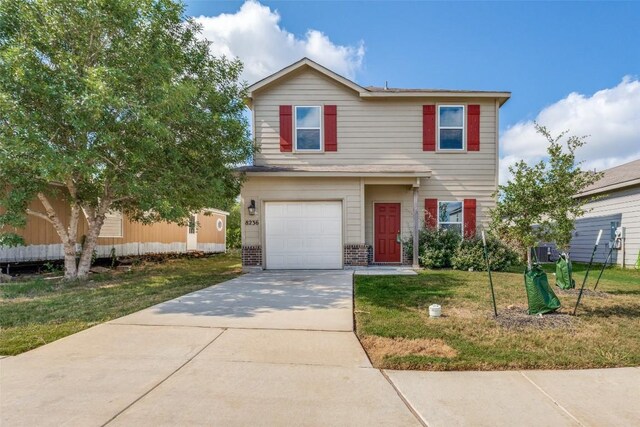 8236 Brucks Dr, San Antonio, TX 78244 - traditional-style home with a garage, a front lawn, brick siding, and driveway