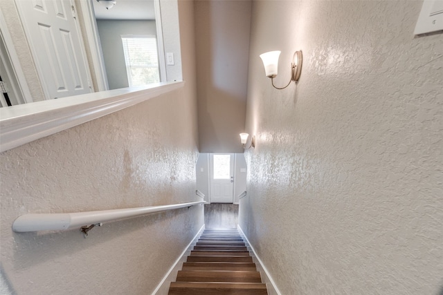 staircase with a wealth of natural light and hardwood / wood-style flooring